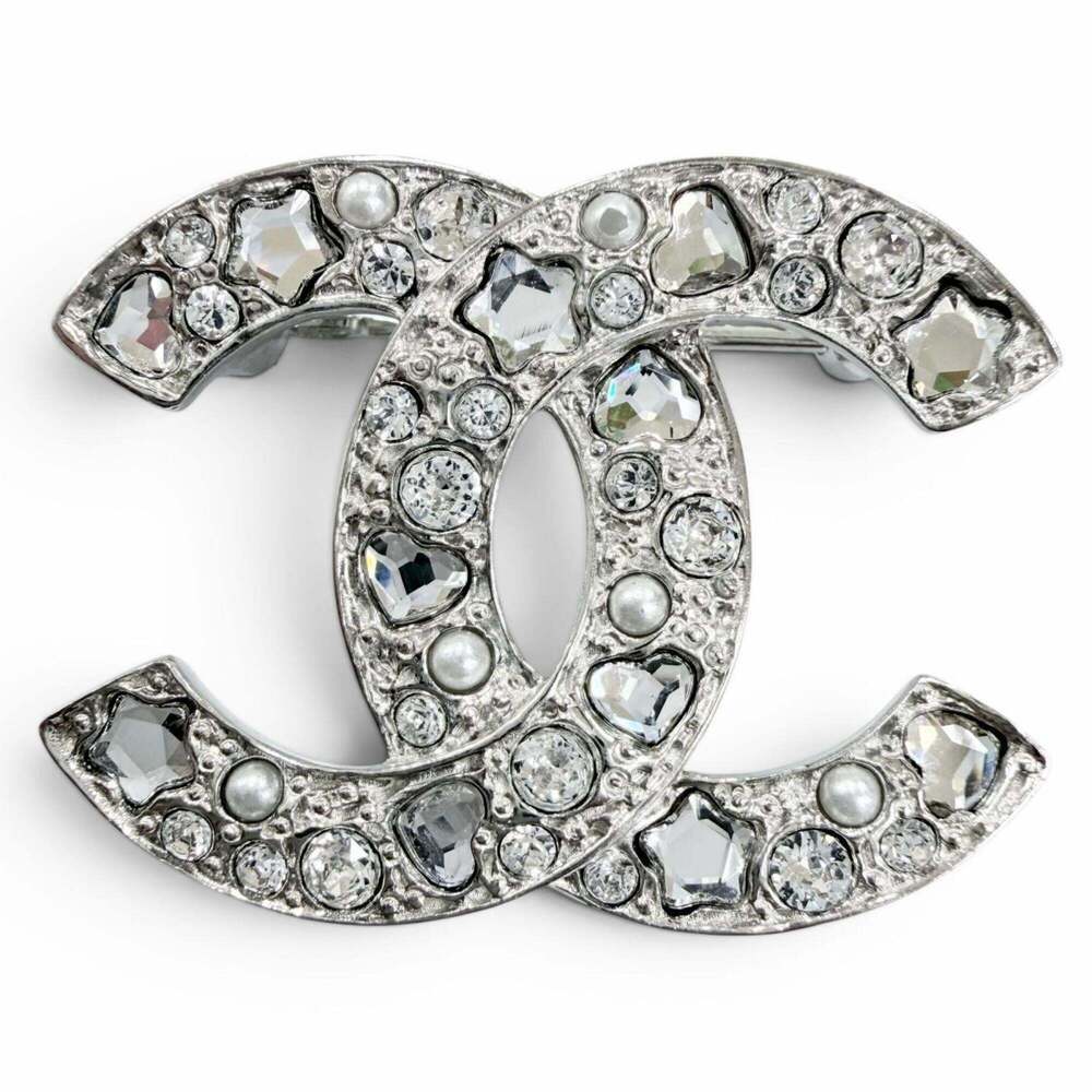 CHANEL Silver Pearl Logo Brooch